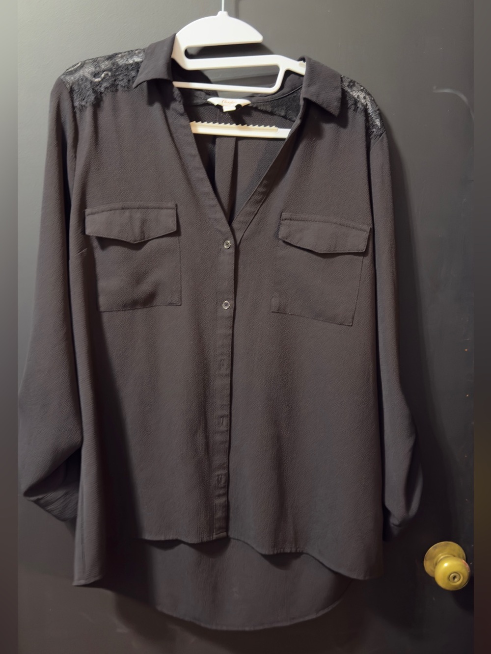 Candies-Women’s Black Button-Front Blouse with Lace Yoke button up sleeves